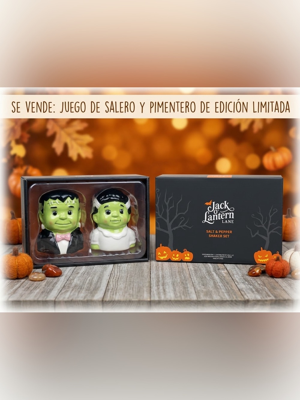 Jack O'Lantern Lane Halloween Frankenstein Salt & Pepper Shaker Set - Green